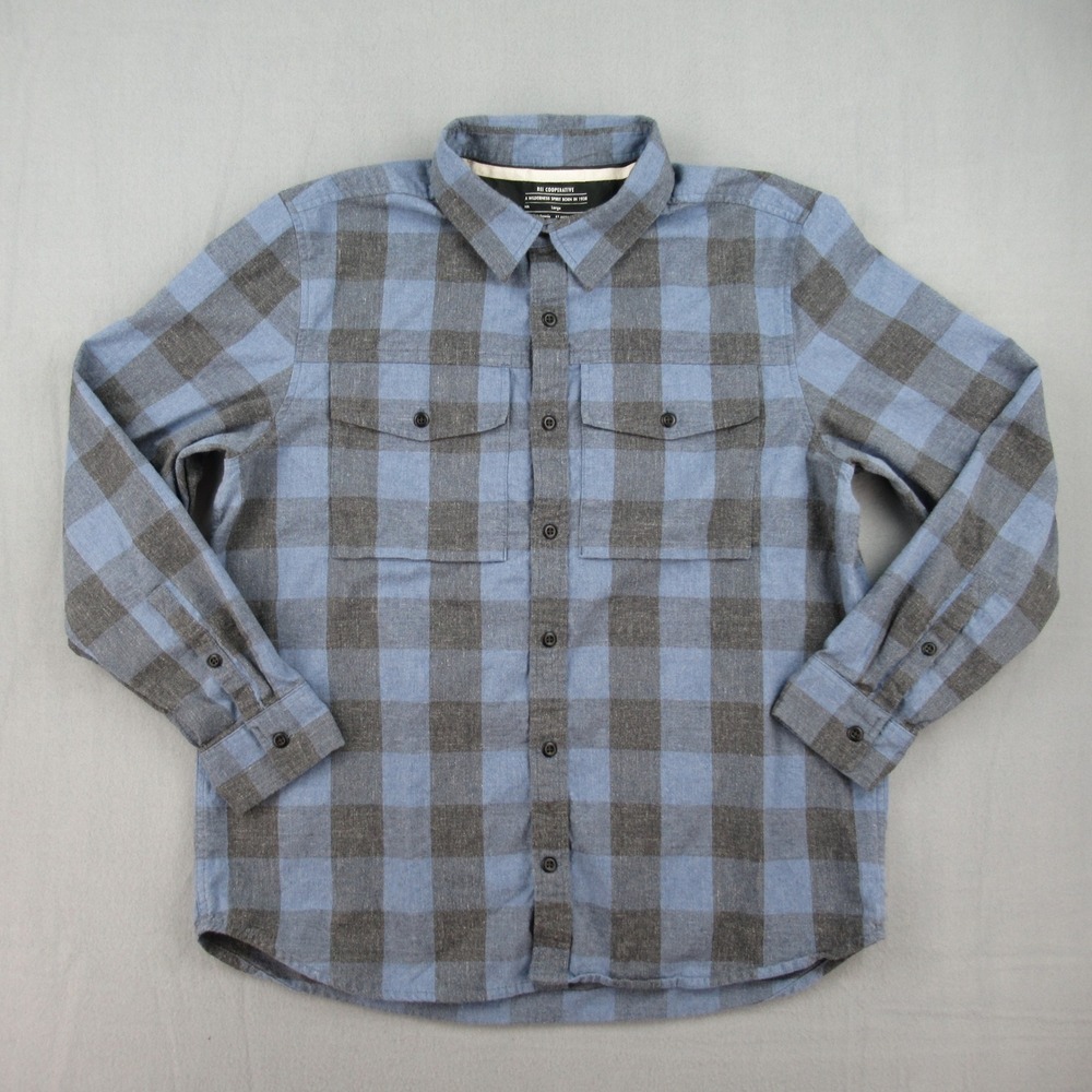 REI Co-op Flannel Shirt Mens Large Blue Grey Plaid Organic Cotton 23059-F21